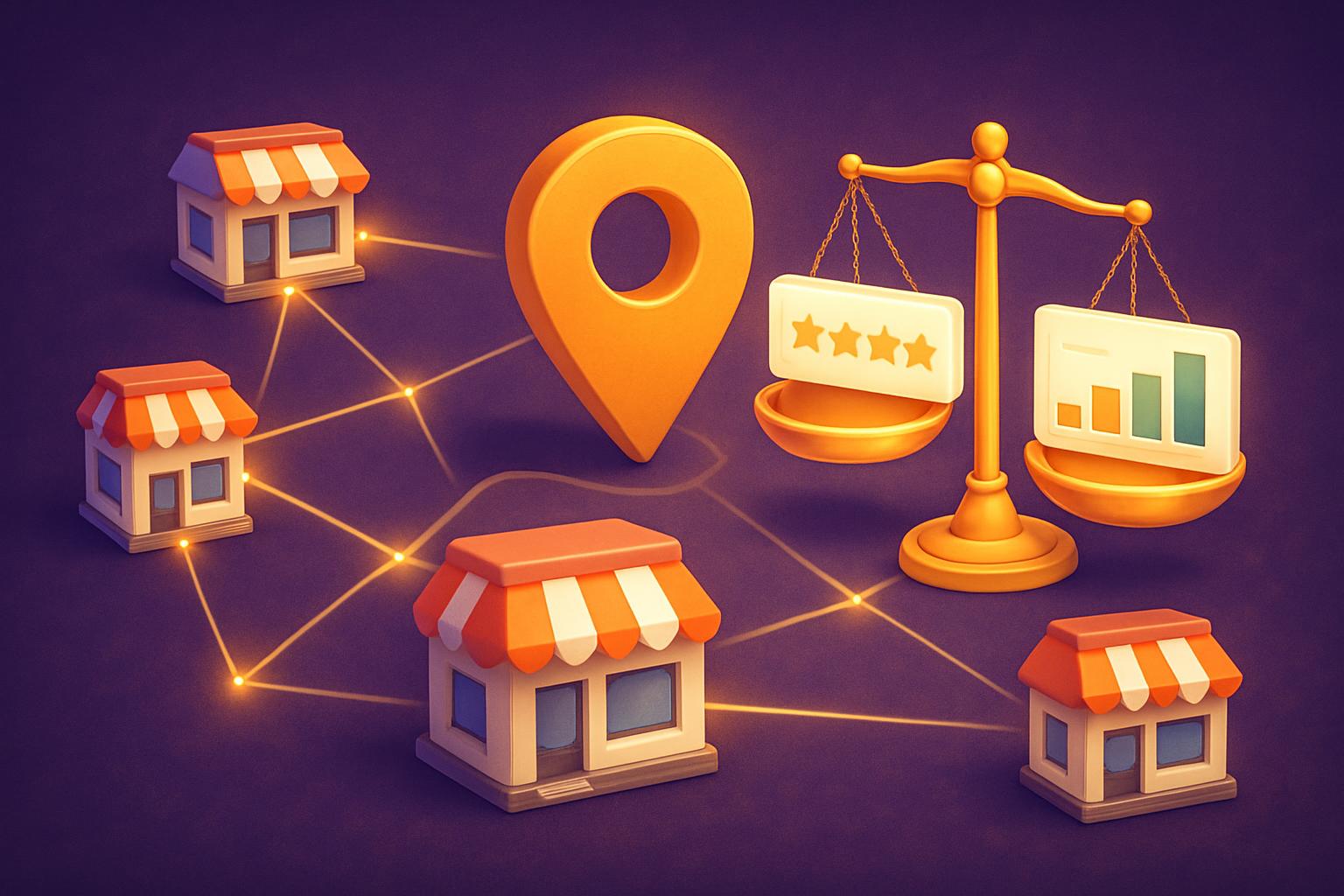 Illustration : réseau de magasins reliés à une épingle de localisation et balance comparant deux tableaux de bord